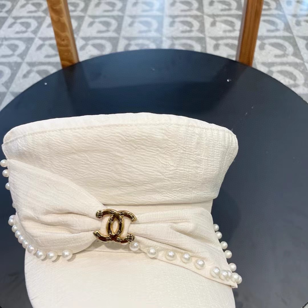 Chanel香奈儿重工珍珠蝴蝶结可爱时尚平顶帽子女春夏防晒遮阳帽休闲显瘦时装帽