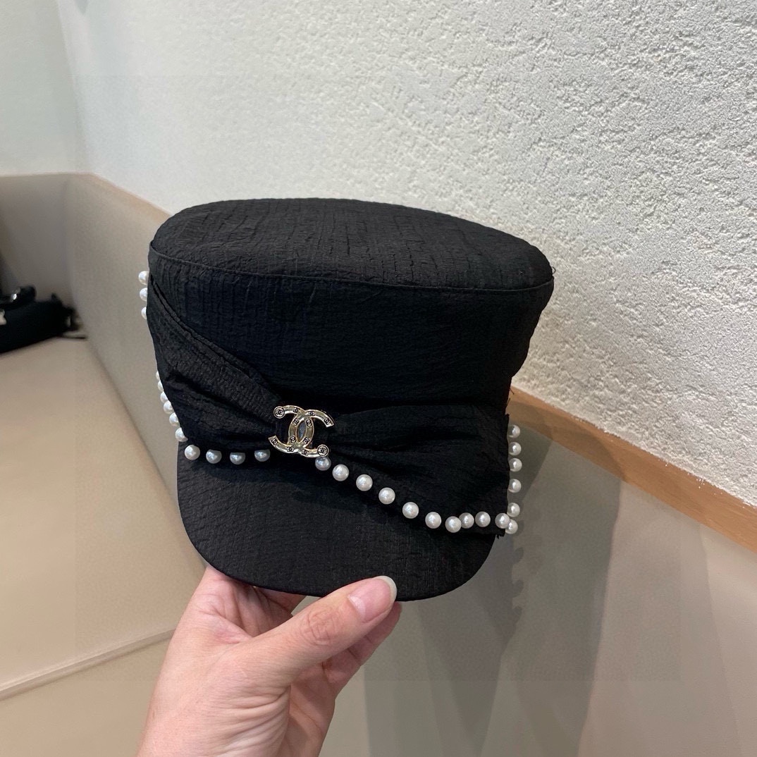 Chanel香奈儿重工珍珠蝴蝶结可爱时尚平顶帽子女春夏防晒遮阳帽休闲显瘦时装帽