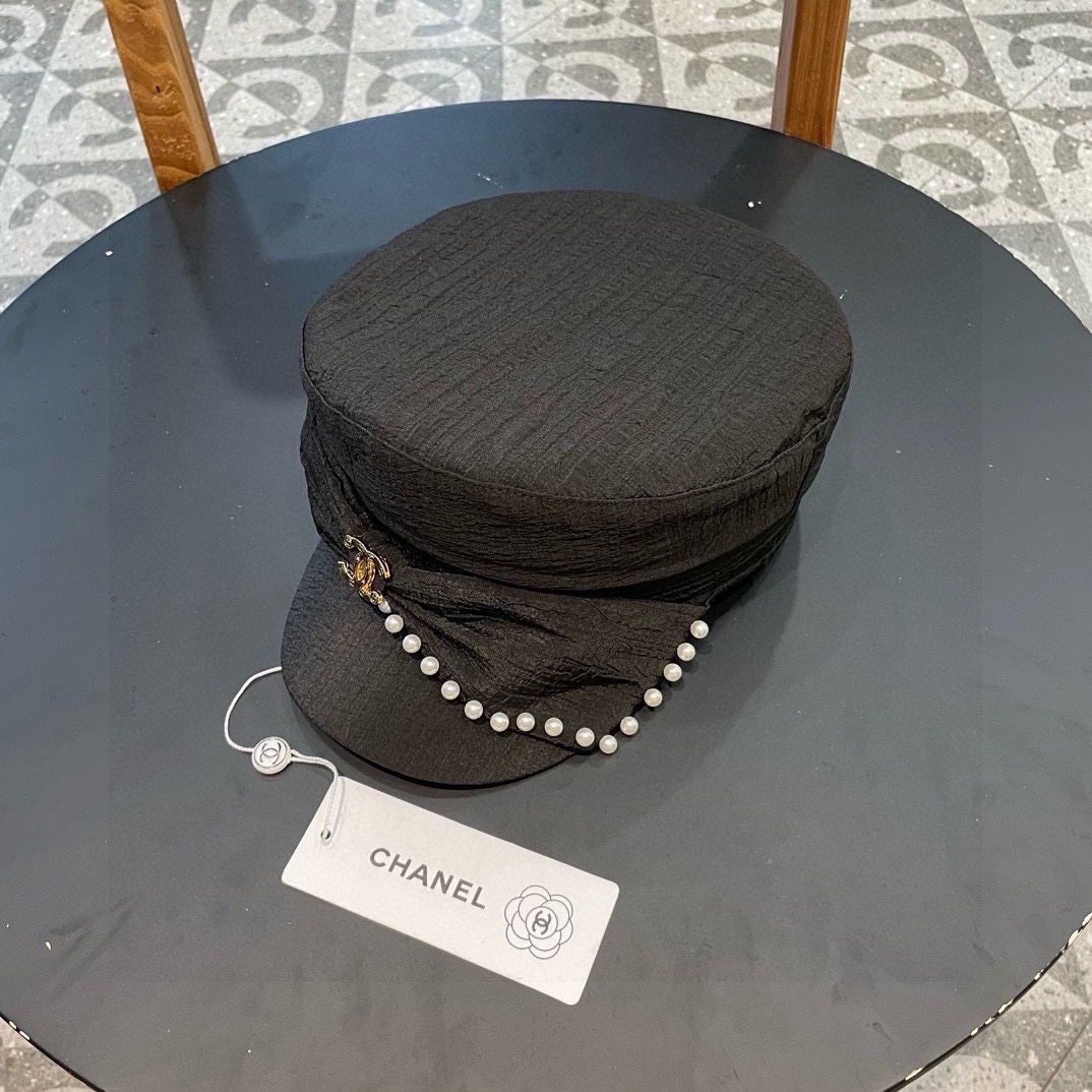 Chanel香奈儿重工珍珠蝴蝶结可爱时尚平顶帽子女春夏防晒遮阳帽休闲显瘦时装帽