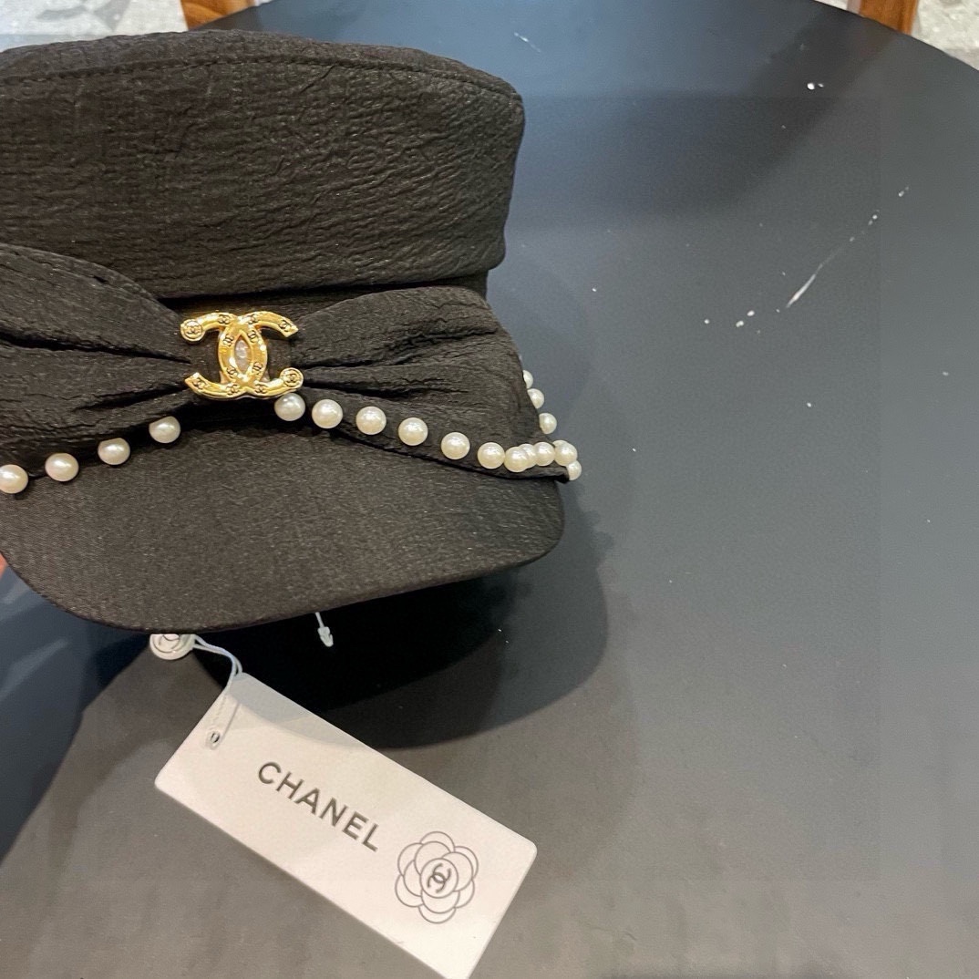 Chanel香奈儿重工珍珠蝴蝶结可爱时尚平顶帽子女春夏防晒遮阳帽休闲显瘦时装帽