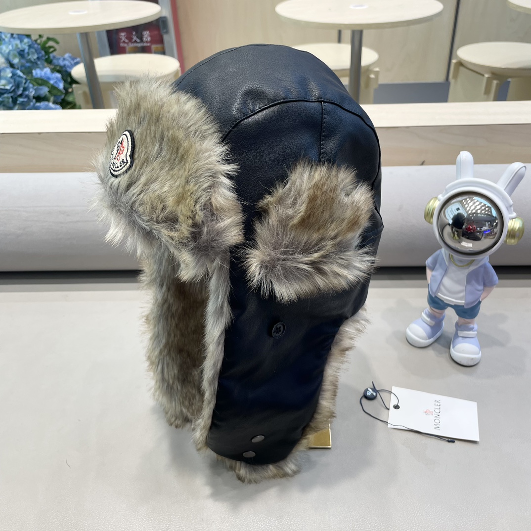 蒙口Moncler盟可睐复古草原大头围皮质毛绒雷锋帽子男女冬季保暖骑车护耳户外防风帽