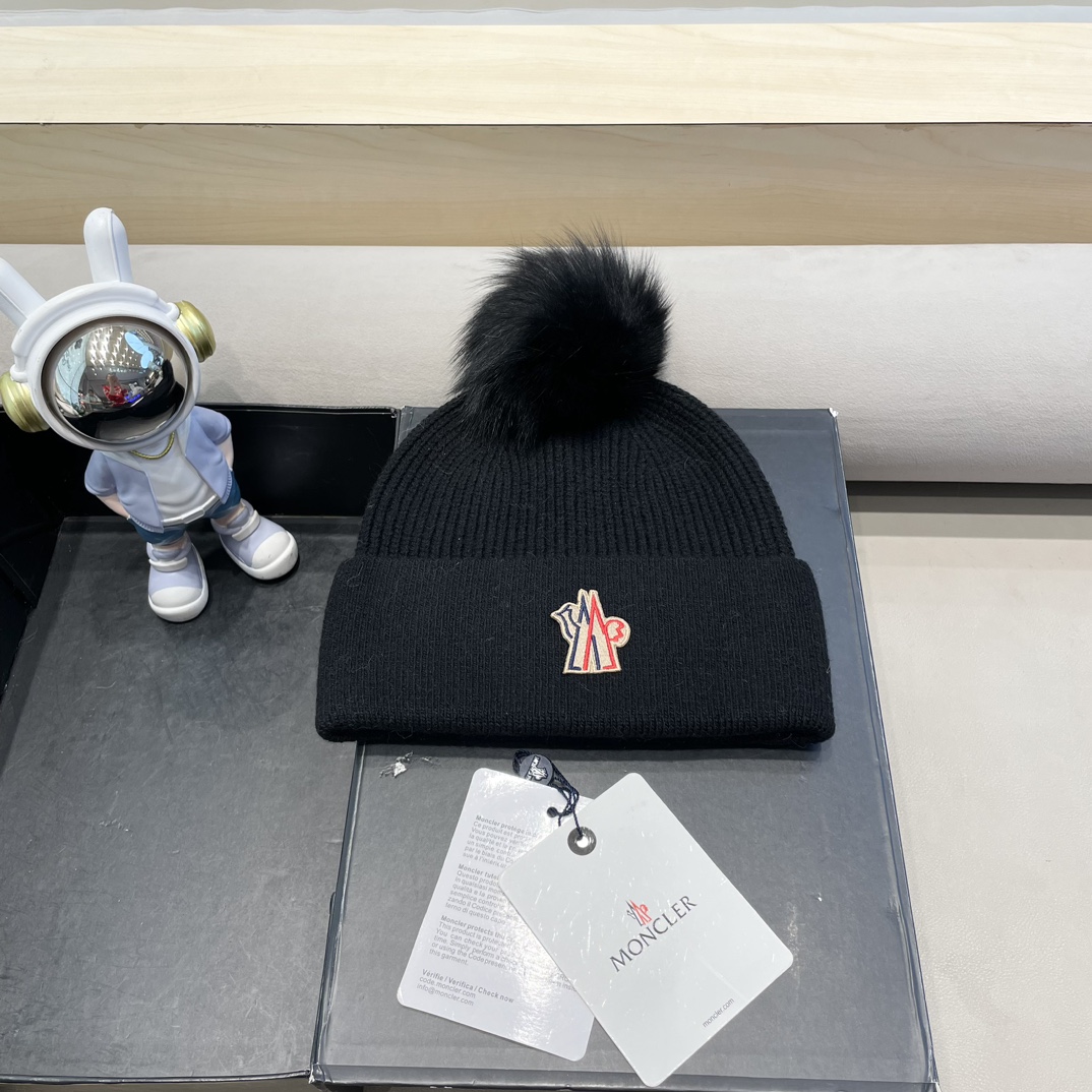 moncler羊毛针织帽子女士秋冬季毛球加厚款保暖护耳百搭韩毛线帽堆堆帽潮