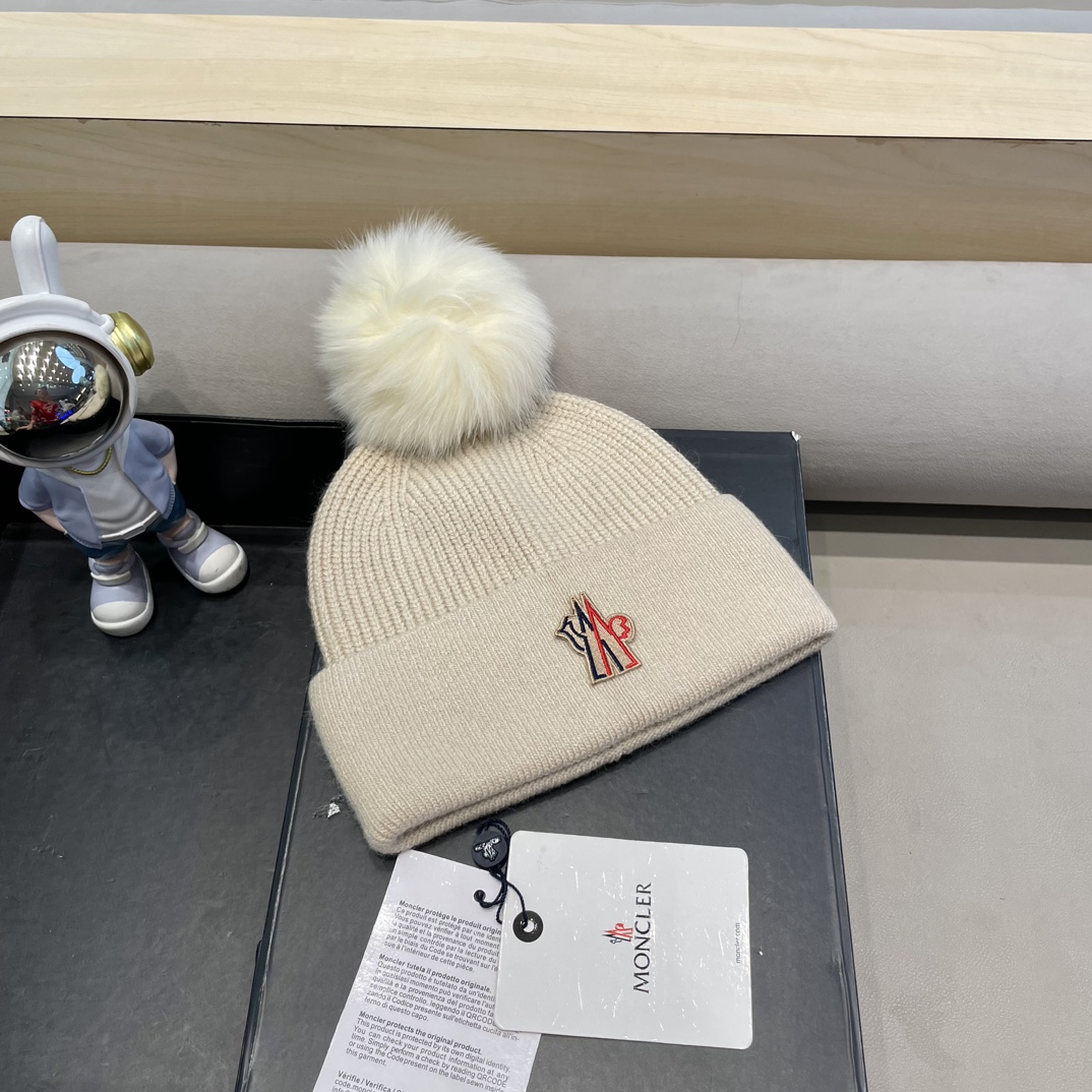 moncler羊毛针织帽子女士秋冬季毛球加厚款保暖护耳百搭韩毛线帽堆堆帽潮