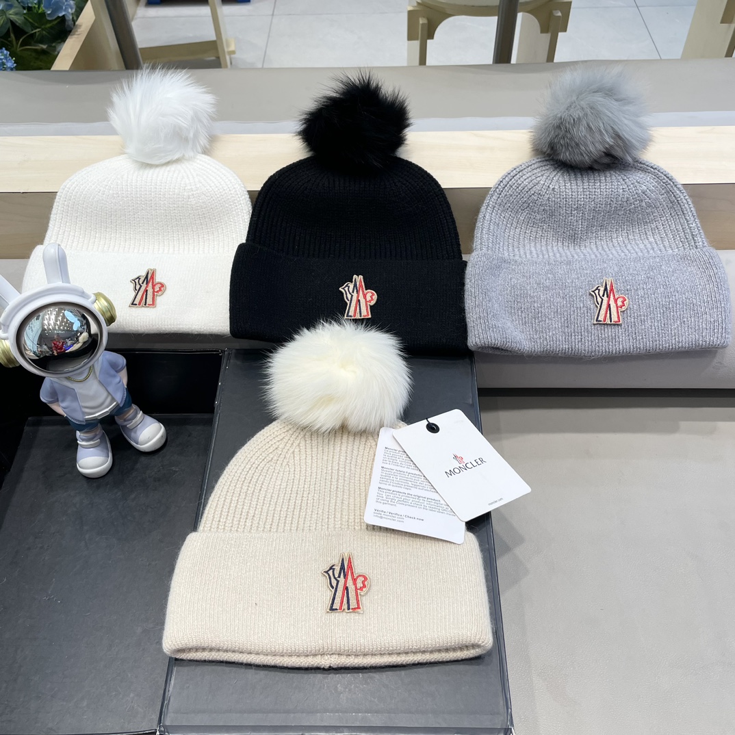 moncler羊毛针织帽子女士秋冬季毛球加厚款保暖护耳百搭韩毛线帽堆堆帽潮