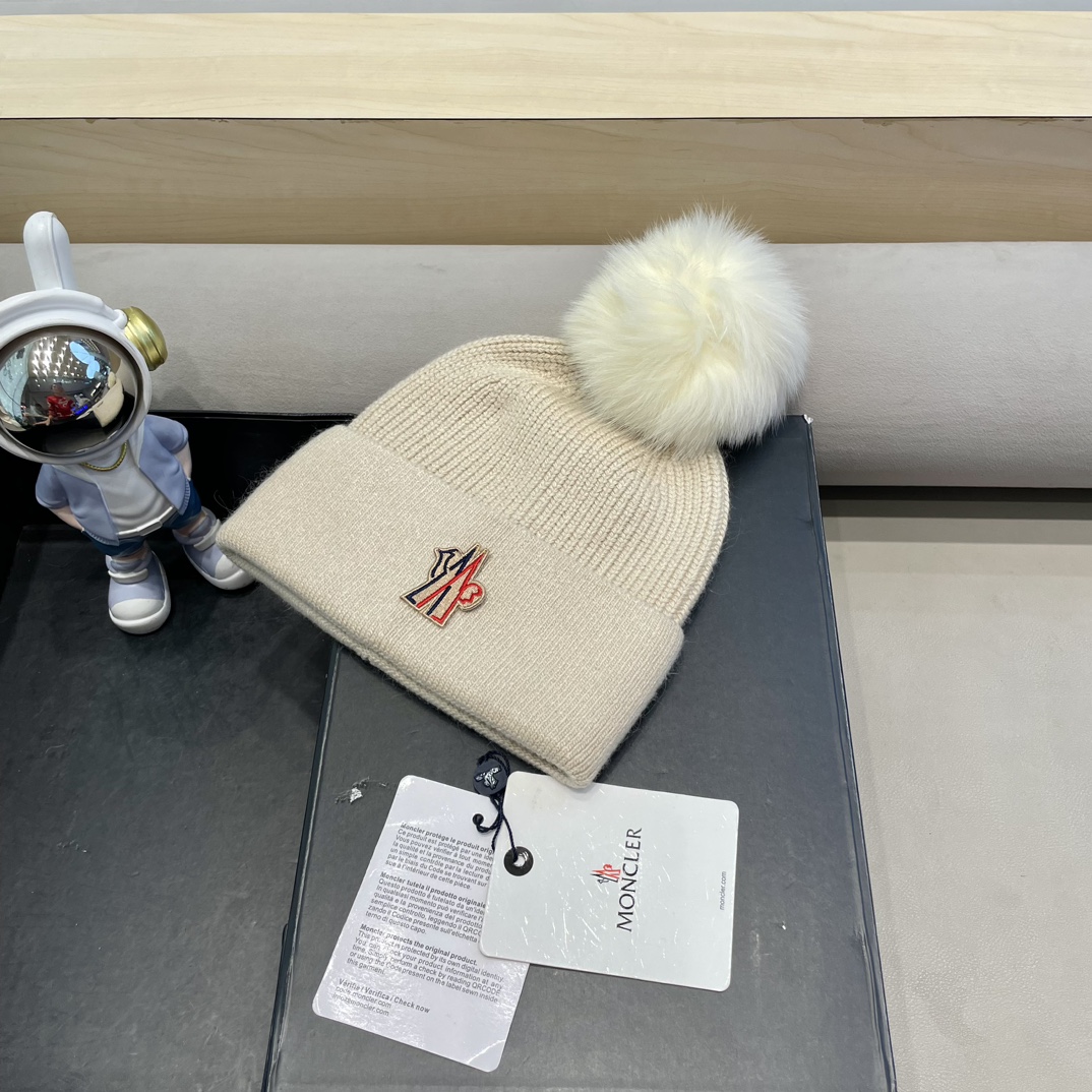 moncler羊毛针织帽子女士秋冬季毛球加厚款保暖护耳百搭韩毛线帽堆堆帽潮
