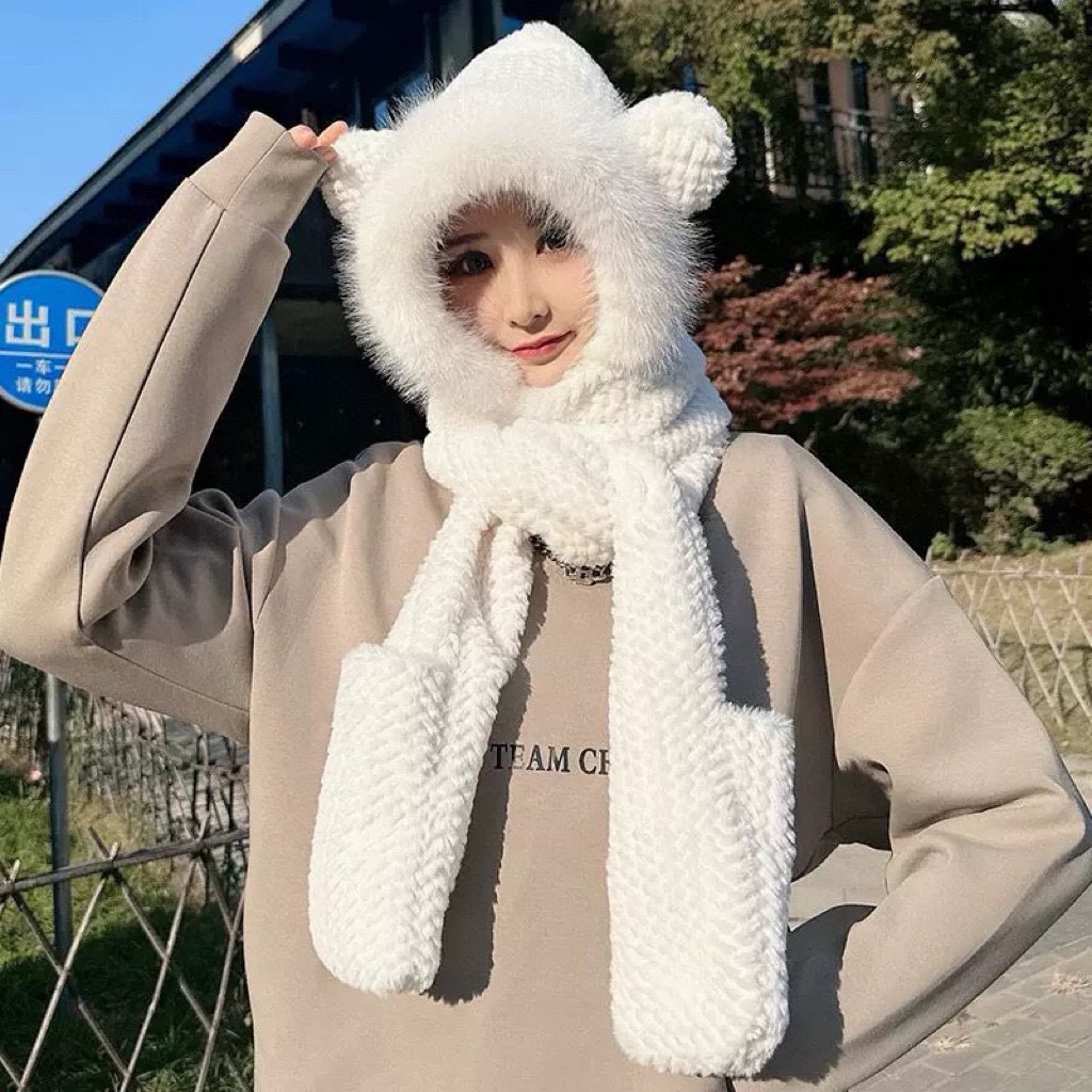 [Burberry Hats]Burberry Bear Plush Hat&Scarf All in One Men