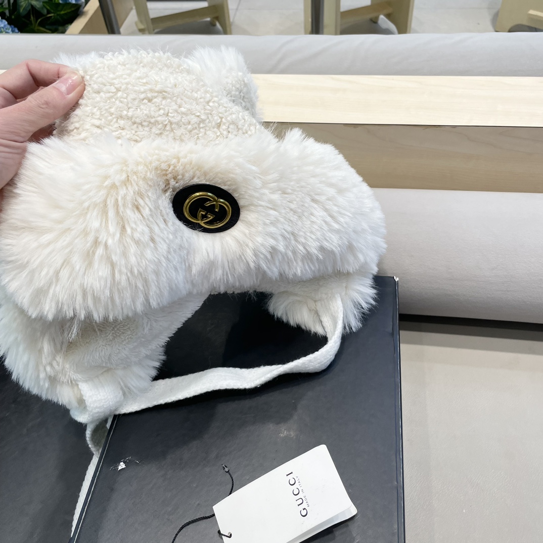 Gucci奥莱正品毛绒帽小熊耳朵显脸小保暖针织护耳雷锋帽潮