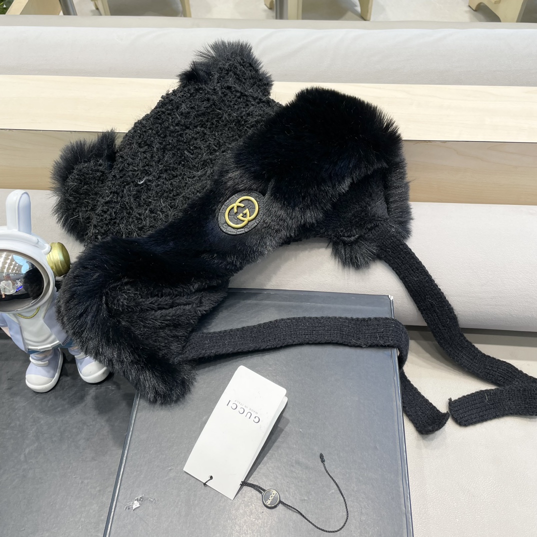 Gucci奥莱正品毛绒帽小熊耳朵显脸小保暖针织护耳雷锋帽潮