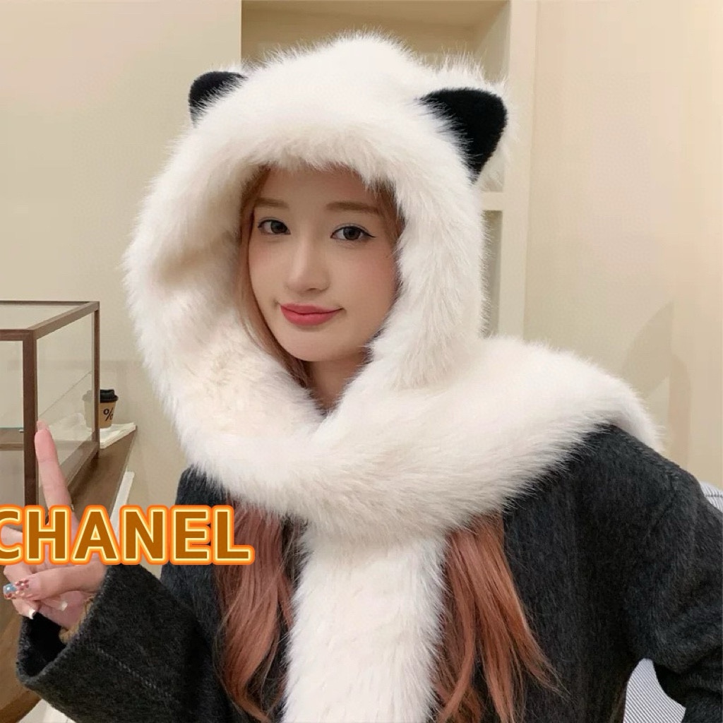 Chanel冬天加厚保暖毛绒帽子可爱狐狸耳朵帽子围巾一体二件套防寒护耳帽