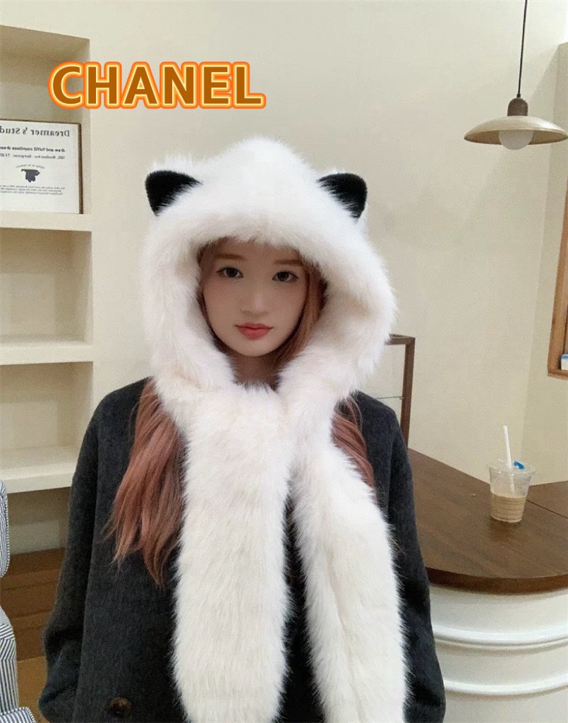 Chanel冬天加厚保暖毛绒帽子可爱狐狸耳朵帽子围巾一体二件套防寒护耳帽