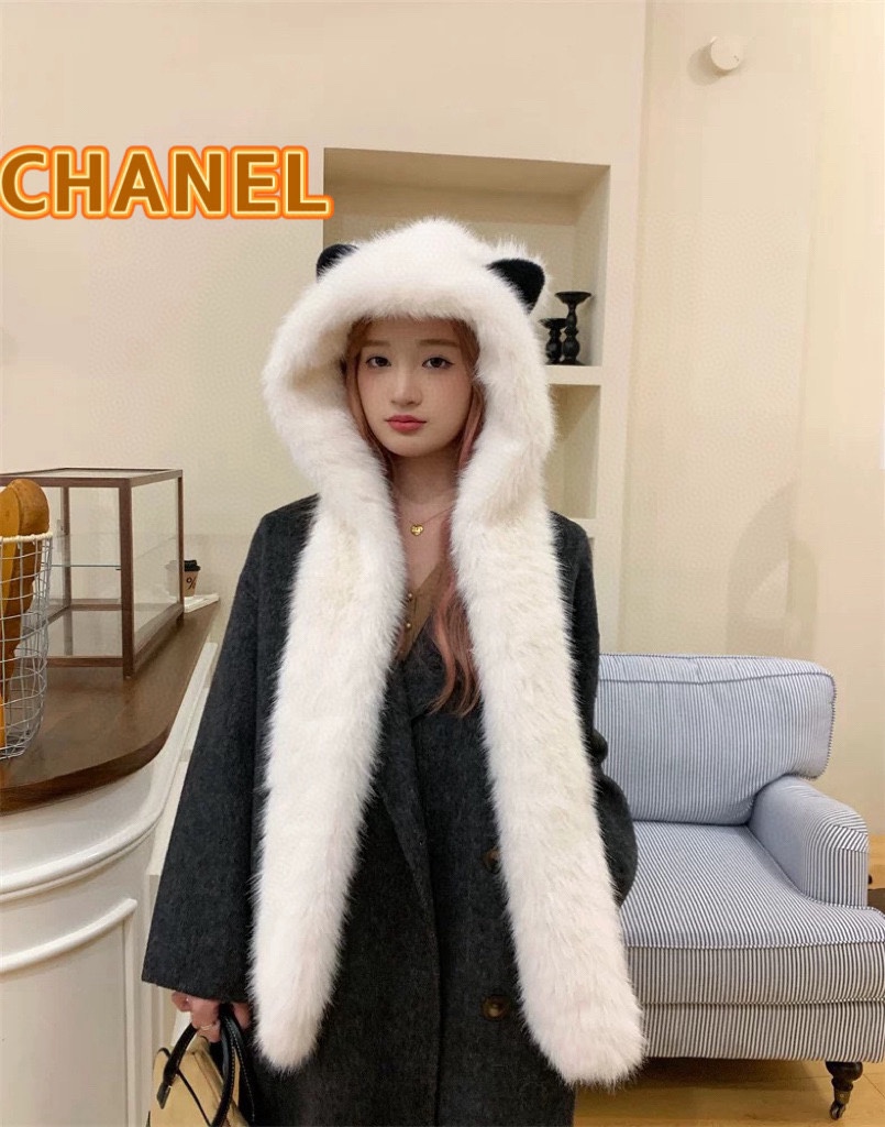 Chanel冬天加厚保暖毛绒帽子可爱狐狸耳朵帽子围巾一体二件套防寒护耳帽