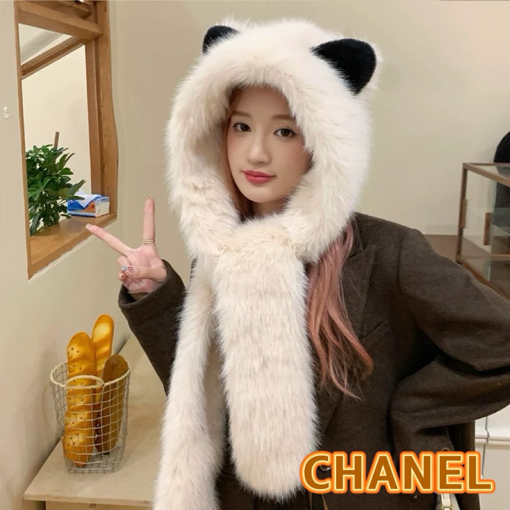 Chanel冬天加厚保暖毛绒帽子可爱狐狸耳朵帽子围巾一体二件套防寒护耳帽