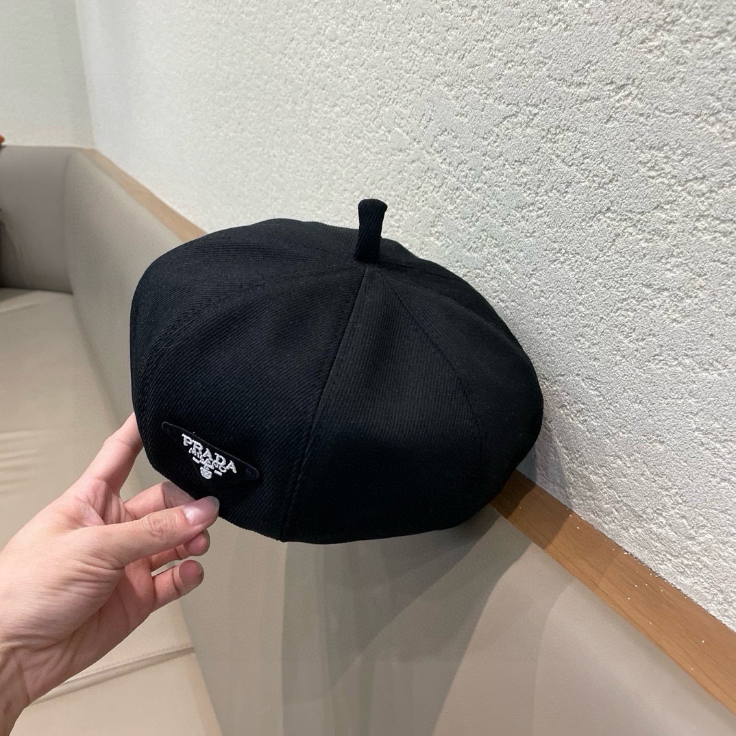 PRADA普拉达 贝雷帽女春秋款显脸小画家帽棕色韩系八角帽子大头围新款