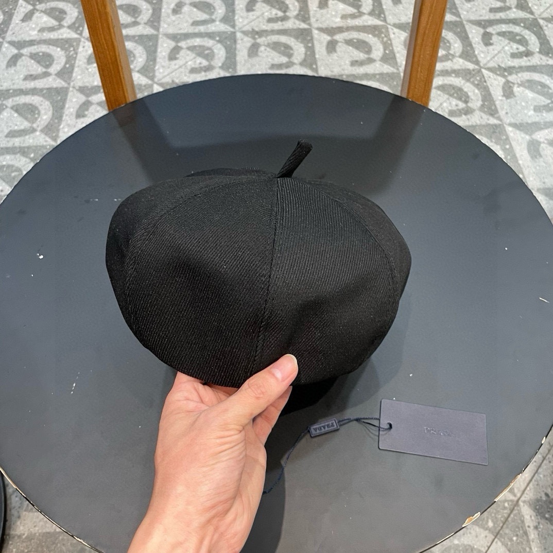 PRADA普拉达 贝雷帽女春秋款显脸小画家帽棕色韩系八角帽子大头围新款