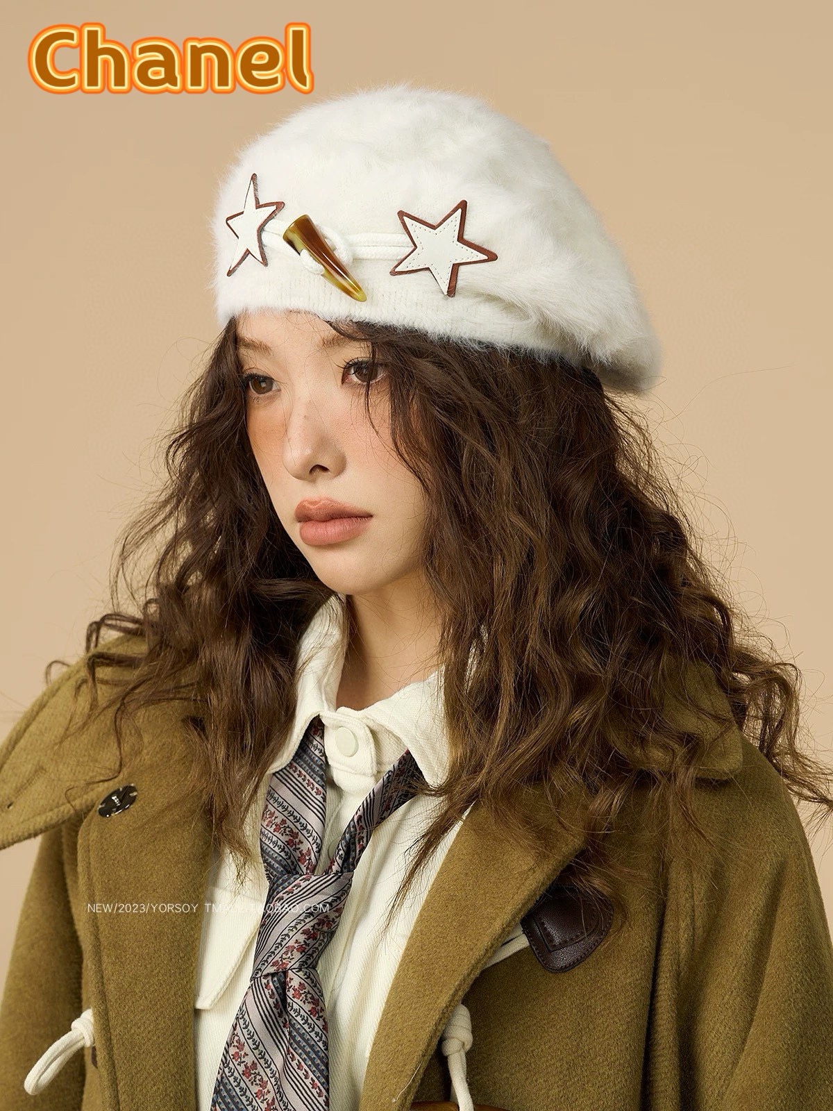   Chanel计师联名款星星牛角扣毛绒兔毛贝雷帽女秋冬画家帽