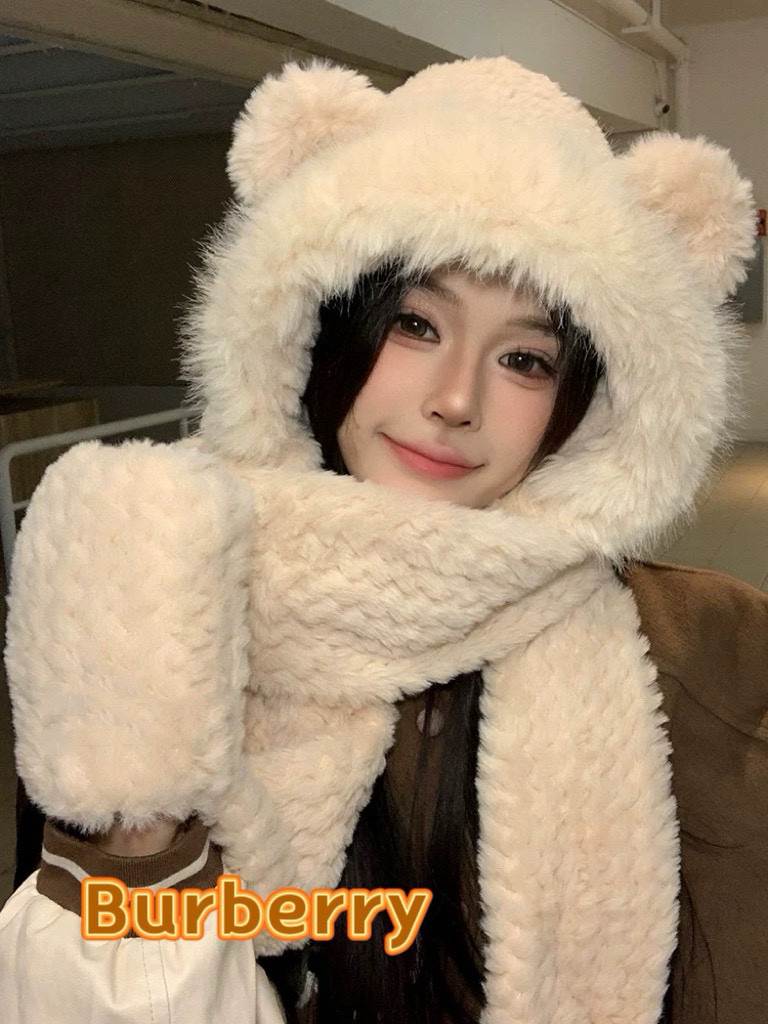 [Burberry Hats]Burberry Bear Plush Hat&Scarf All in One Men