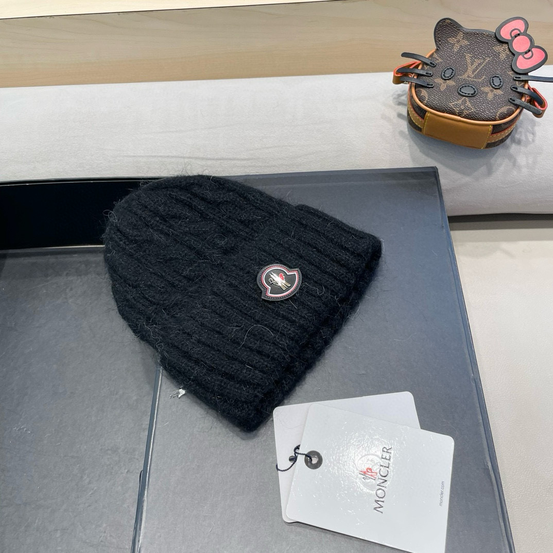 moncler毛线帽 女秋冬大头围可爱粉色兔毛女款冬天百搭麻花护耳针织帽子