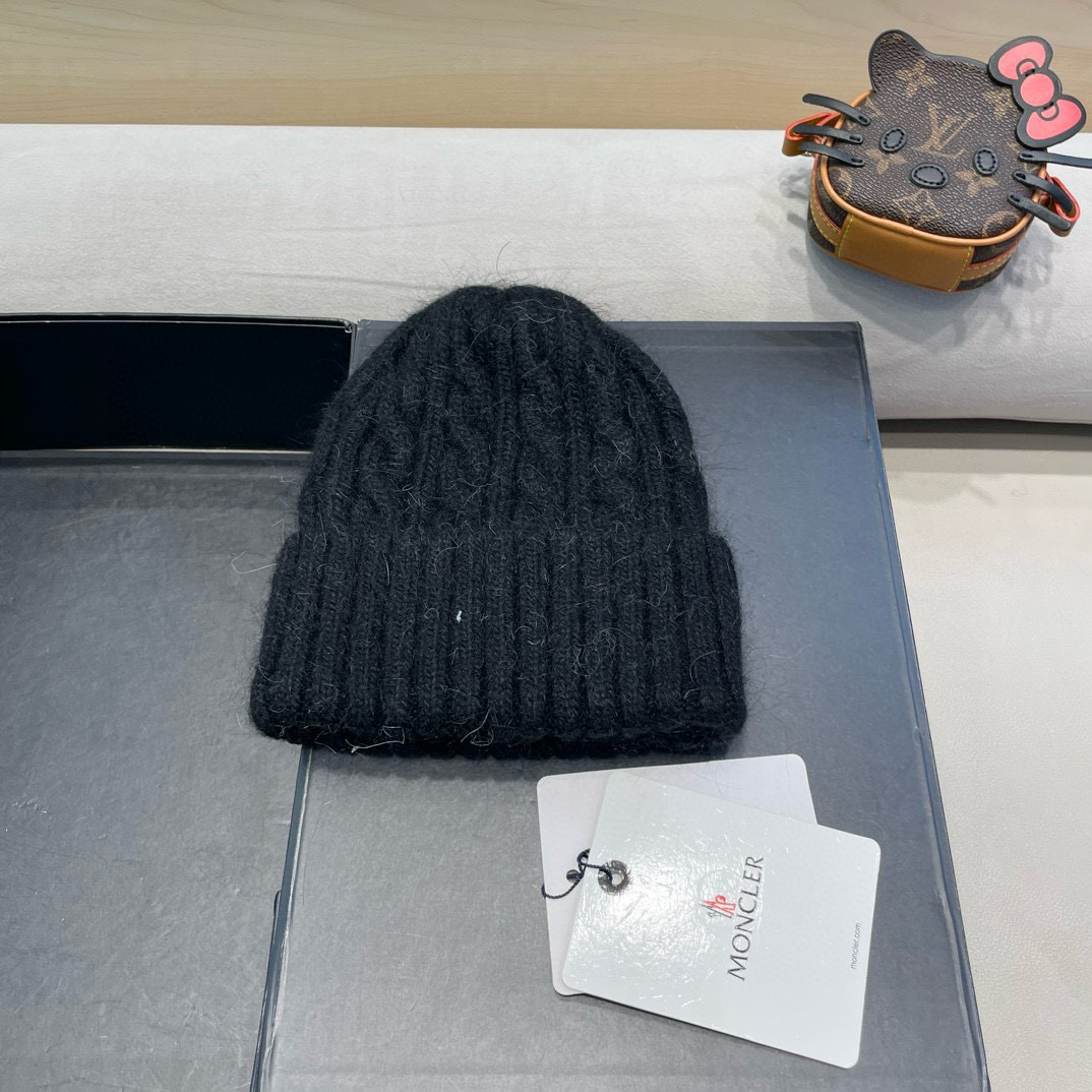 moncler毛线帽 女秋冬大头围可爱粉色兔毛女款冬天百搭麻花护耳针织帽子