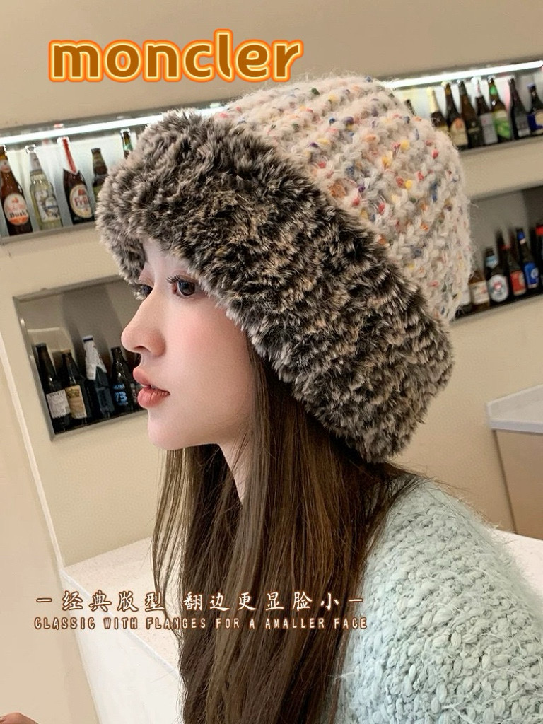 moncler帽子女冬季毛绒保暖防寒毛绒混纺针织毛线帽韩版潮流显脸小包头帽