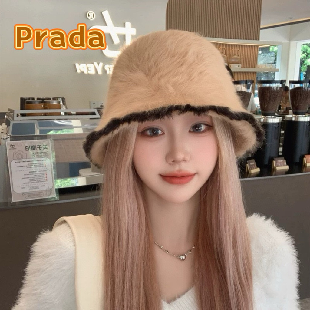 P85 普拉达Prada兔毛水桶帽子女秋冬季2024新款黑边拼色毛绒韩版显脸小渔夫帽盆帽