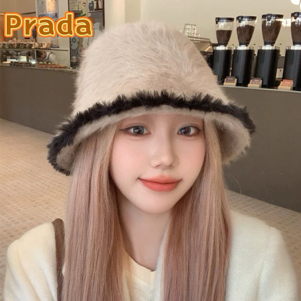 P85 普拉达Prada兔毛水桶帽子女秋冬季2024新款黑边拼色毛绒韩版显脸小渔夫帽盆帽