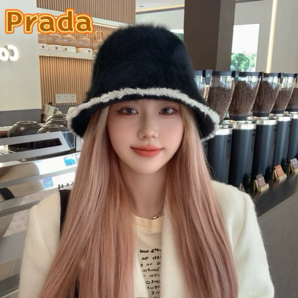 P85 普拉达Prada兔毛水桶帽子女秋冬季2024新款黑边拼色毛绒韩版显脸小渔夫帽盆帽