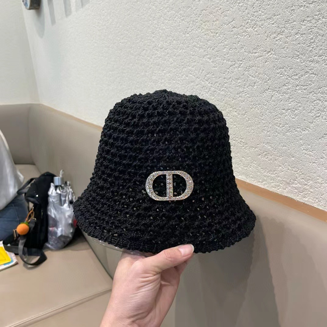  Dior夏季编织透气渔夫帽子女薄款遮阳草帽水桶帽日系显脸小遮脸太阳帽
