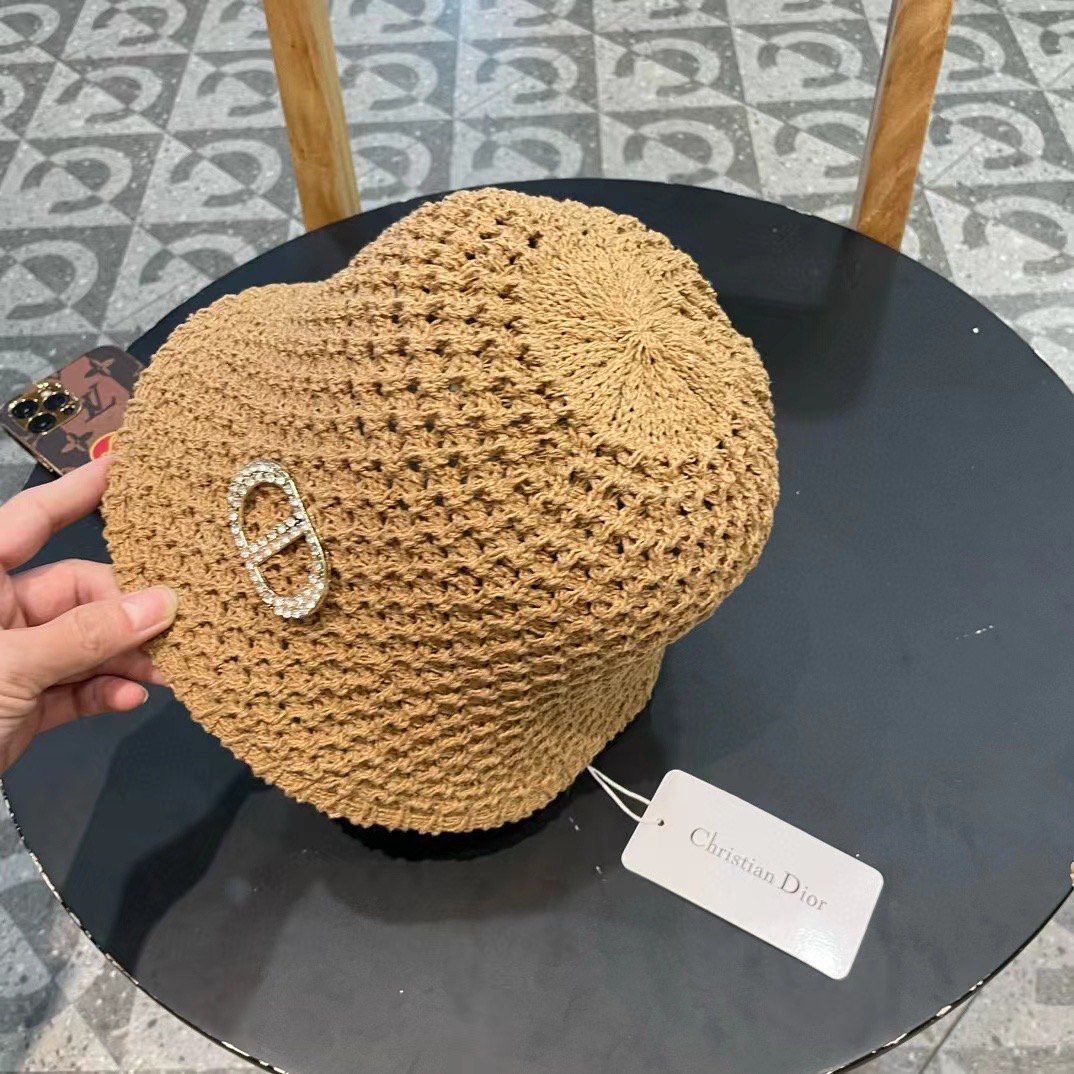  Dior夏季编织透气渔夫帽子女薄款遮阳草帽水桶帽日系显脸小遮脸太阳帽