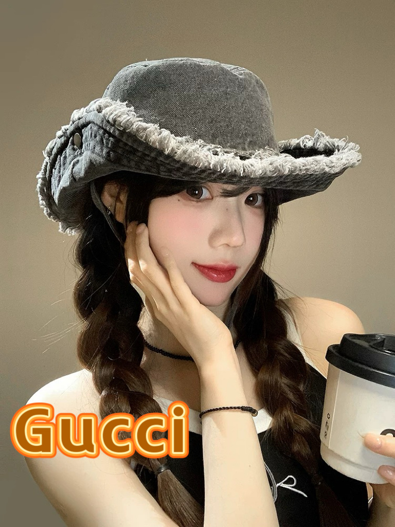 P90GUCCI古奇复古水洗毛边牛仔渔夫帽女2025春季新款大檐显脸小做旧百搭水桶帽