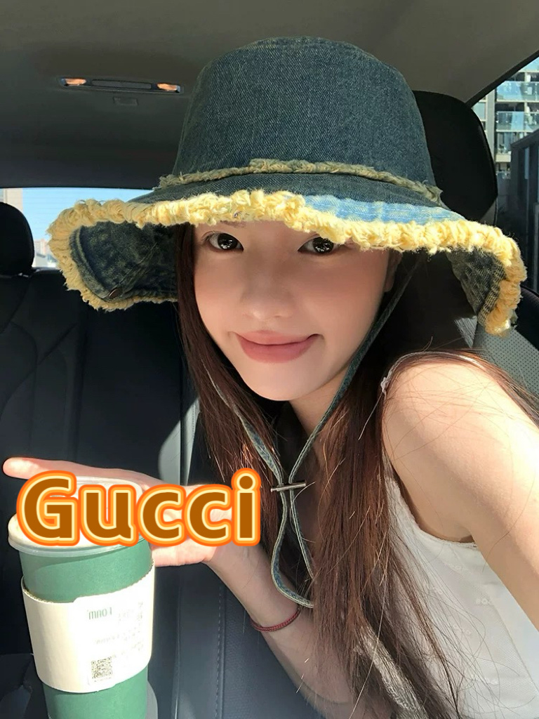 GUCCI古奇复古水洗毛边牛仔渔夫帽女2025春季新款大檐显脸小做旧百搭水桶帽