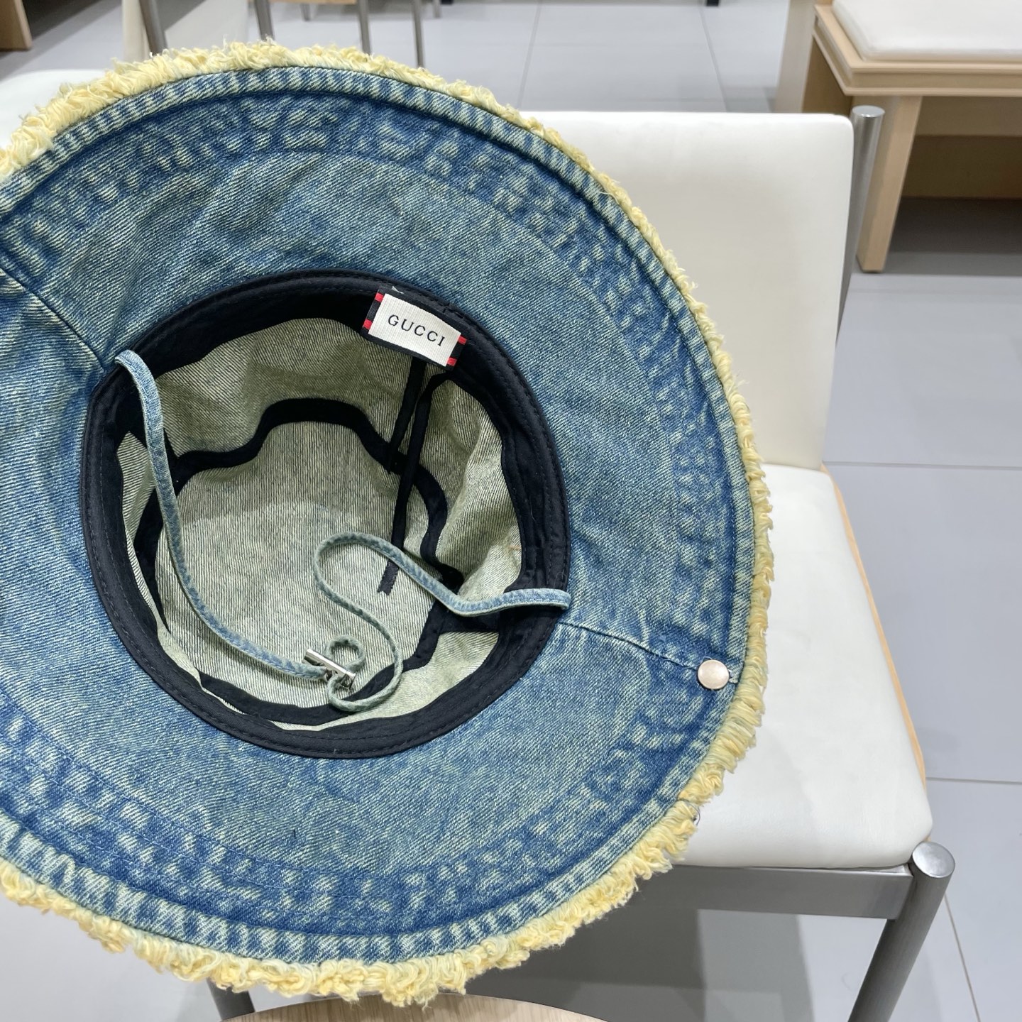 GUCCI古奇复古水洗毛边牛仔渔夫帽女2025春季新款大檐显脸小做旧百搭水桶帽