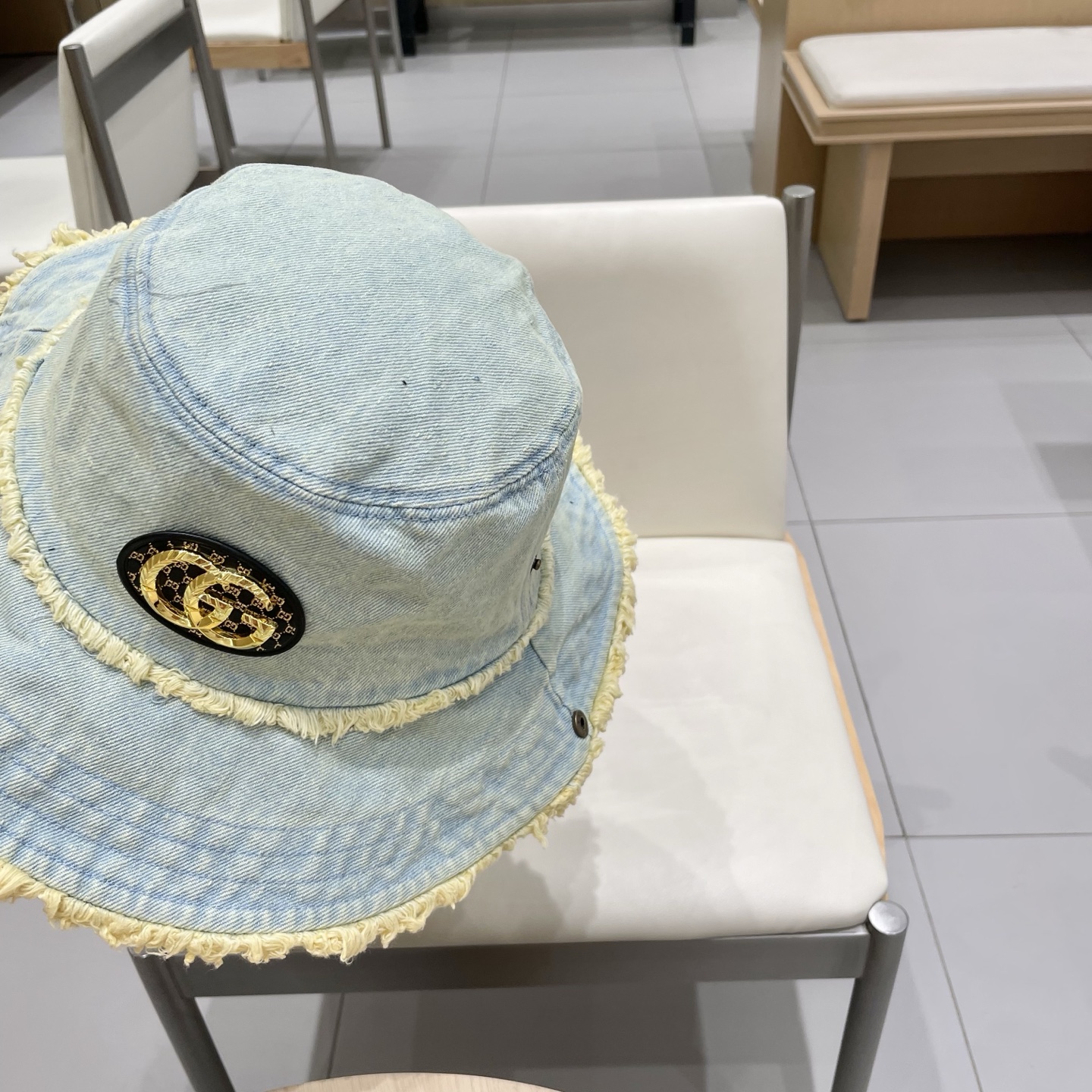 GUCCI古奇复古水洗毛边牛仔渔夫帽女2025春季新款大檐显脸小做旧百搭水桶帽