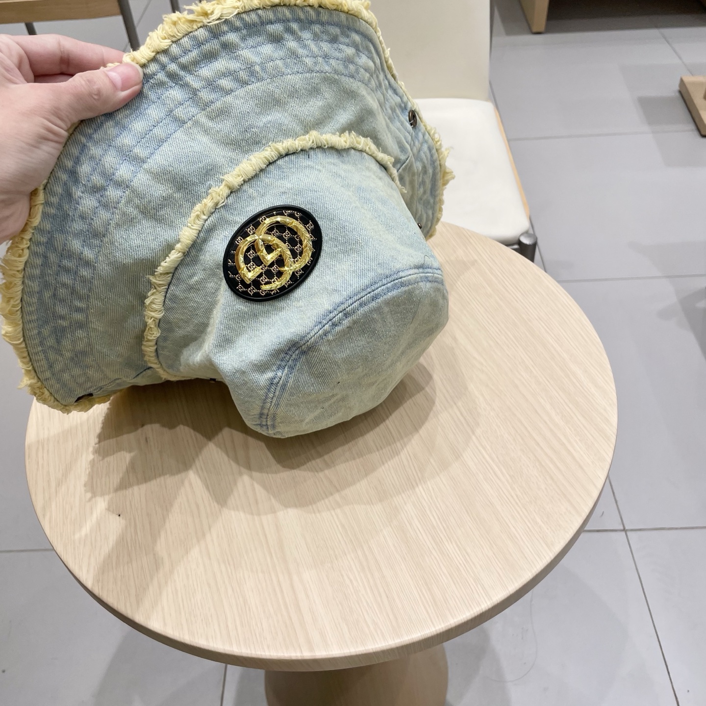 GUCCI古奇复古水洗毛边牛仔渔夫帽女2025春季新款大檐显脸小做旧百搭水桶帽