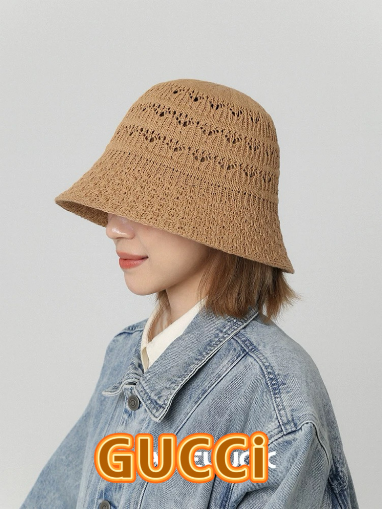  Gucci古奇帽子女春夏新品纯色镂空遮阳渔夫帽简约时尚出游防晒盆帽显脸桶帽