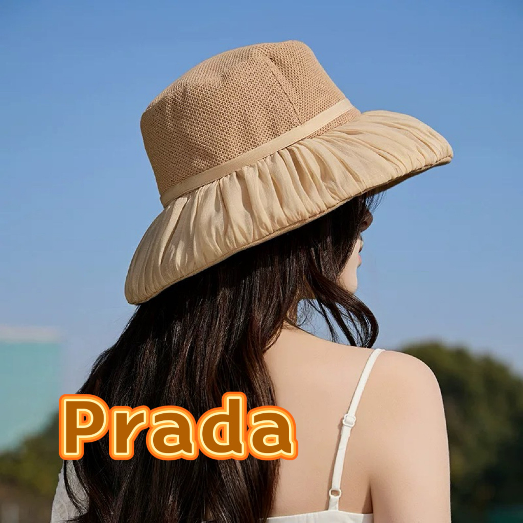  Prada普拉达褶皱拼接半网渔夫帽子女春夏季日系甜美百搭盆帽大檐透气帽