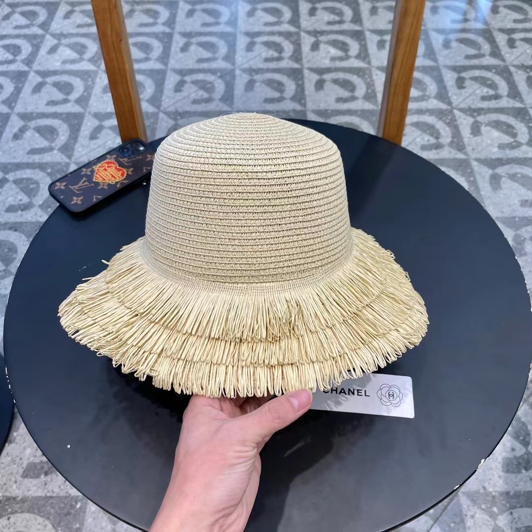 chanel香奈儿双层毛边拉菲草帽女2025新款春夏海边度假沙滩防晒遮阳帽编织平顶