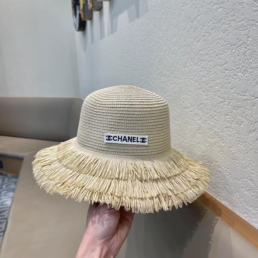 chanel香奈儿双层毛边拉菲草帽女2025新款春夏海边度假沙滩防晒遮阳帽编织平顶