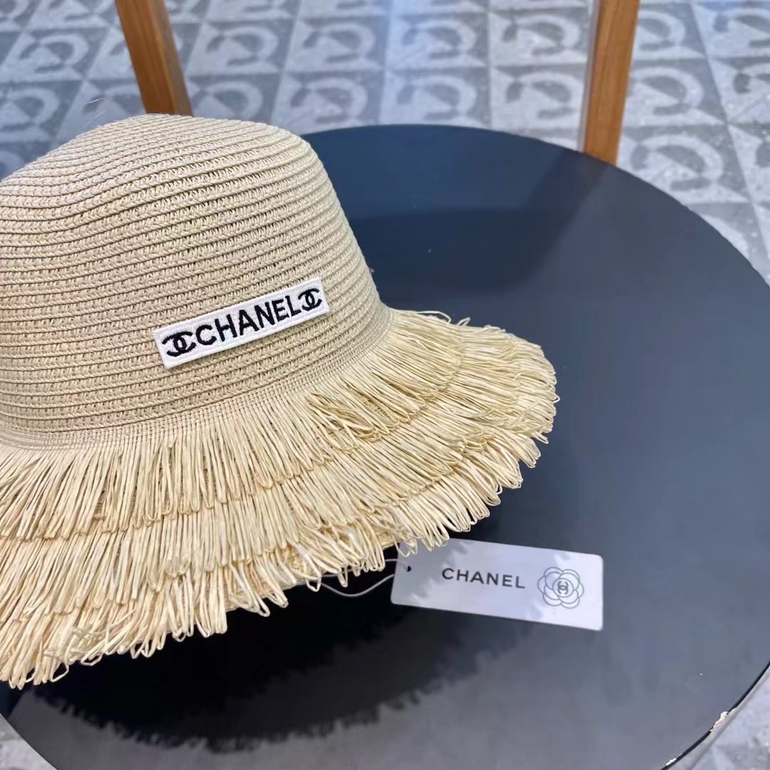 chanel香奈儿双层毛边拉菲草帽女2025新款春夏海边度假沙滩防晒遮阳帽编织平顶
