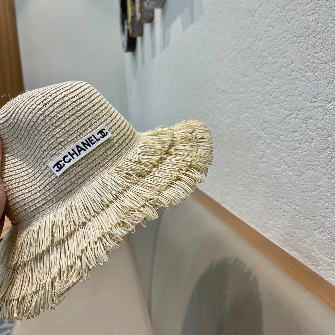 chanel香奈儿双层毛边拉菲草帽女2025新款春夏海边度假沙滩防晒遮阳帽编织平顶