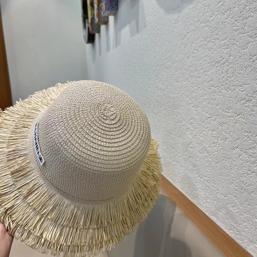 chanel香奈儿双层毛边拉菲草帽女2025新款春夏海边度假沙滩防晒遮阳帽编织平顶