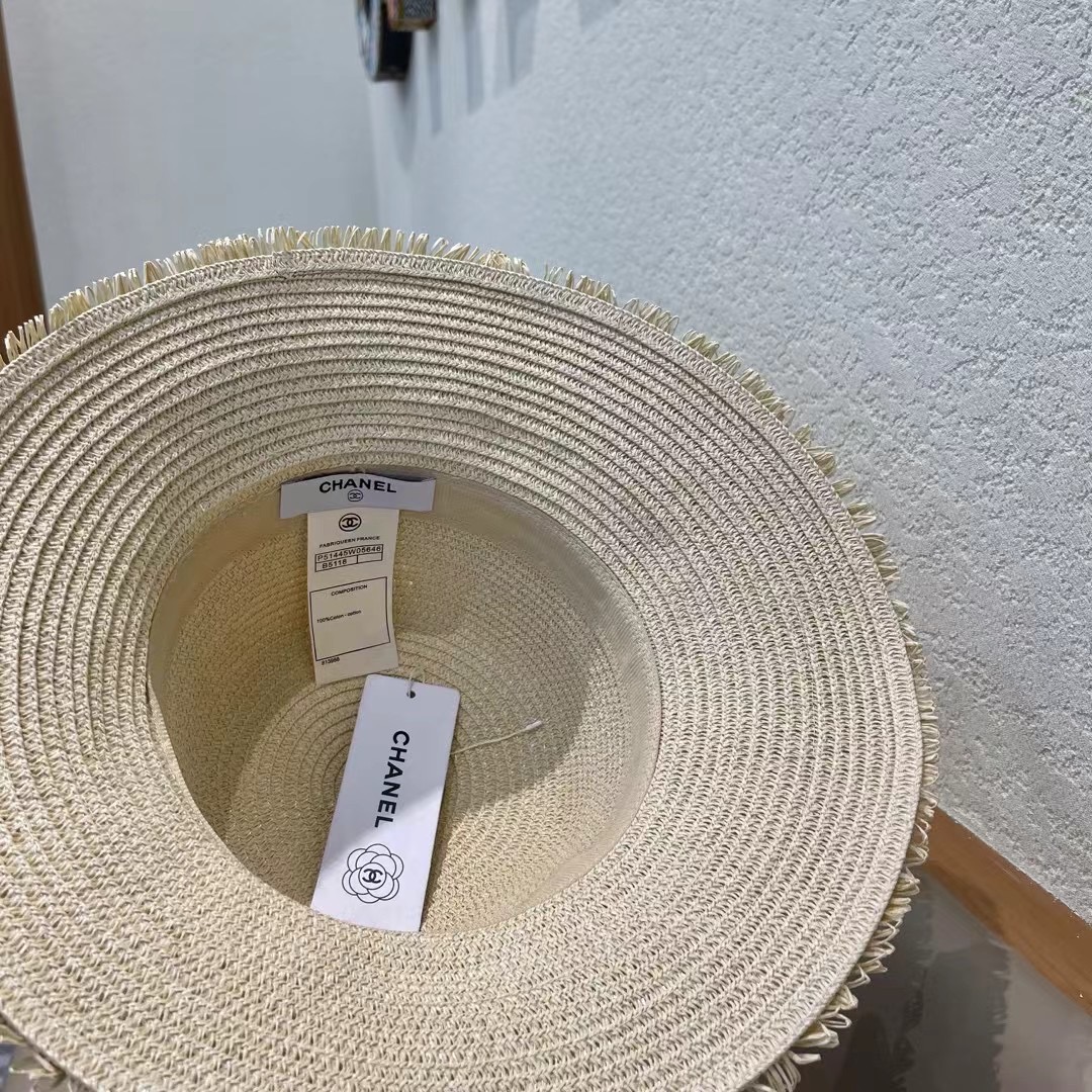 chanel香奈儿双层毛边拉菲草帽女2025新款春夏海边度假沙滩防晒遮阳帽编织平顶