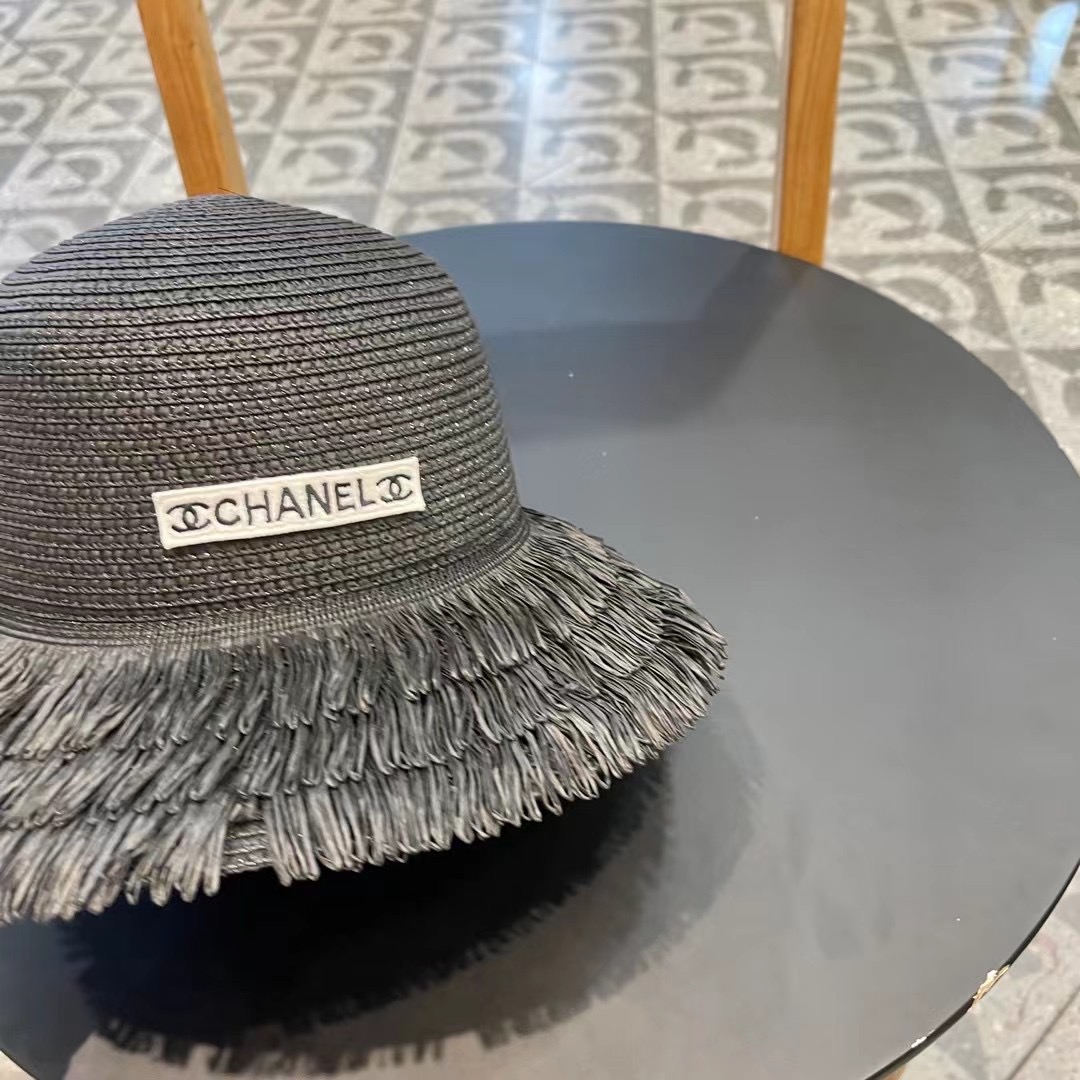 chanel香奈儿双层毛边拉菲草帽女2025新款春夏海边度假沙滩防晒遮阳帽编织平顶