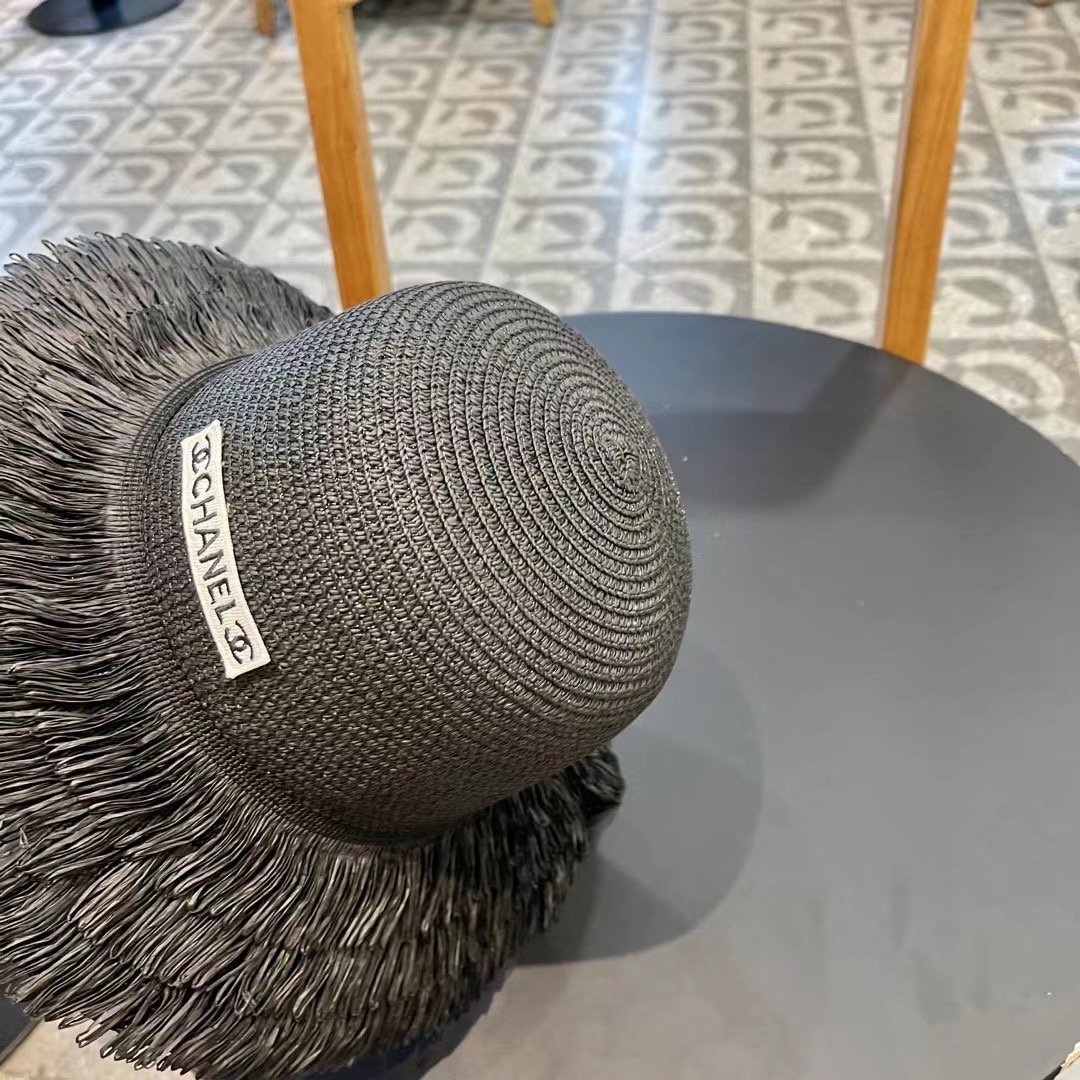 chanel香奈儿双层毛边拉菲草帽女2025新款春夏海边度假沙滩防晒遮阳帽编织平顶