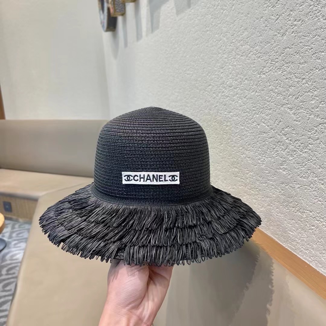 chanel香奈儿双层毛边拉菲草帽女2025新款春夏海边度假沙滩防晒遮阳帽编织平顶