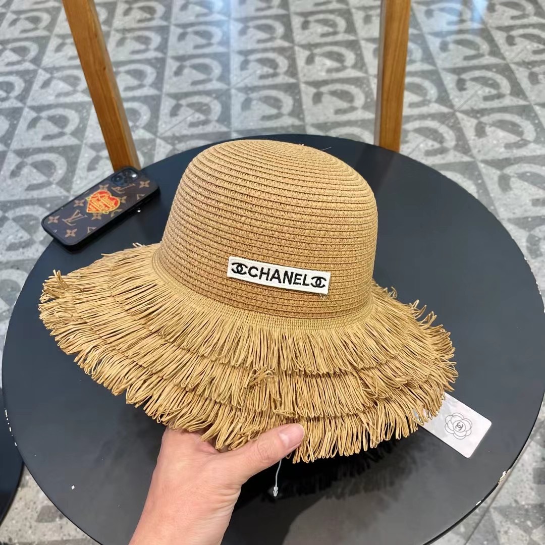 chanel香奈儿双层毛边拉菲草帽女2025新款春夏海边度假沙滩防晒遮阳帽编织平顶