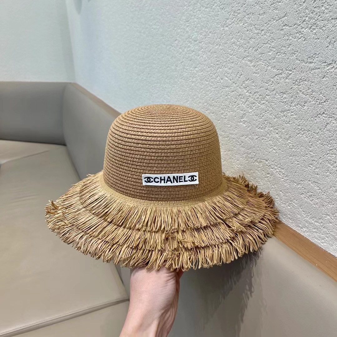 chanel香奈儿双层毛边拉菲草帽女2025新款春夏海边度假沙滩防晒遮阳帽编织平顶