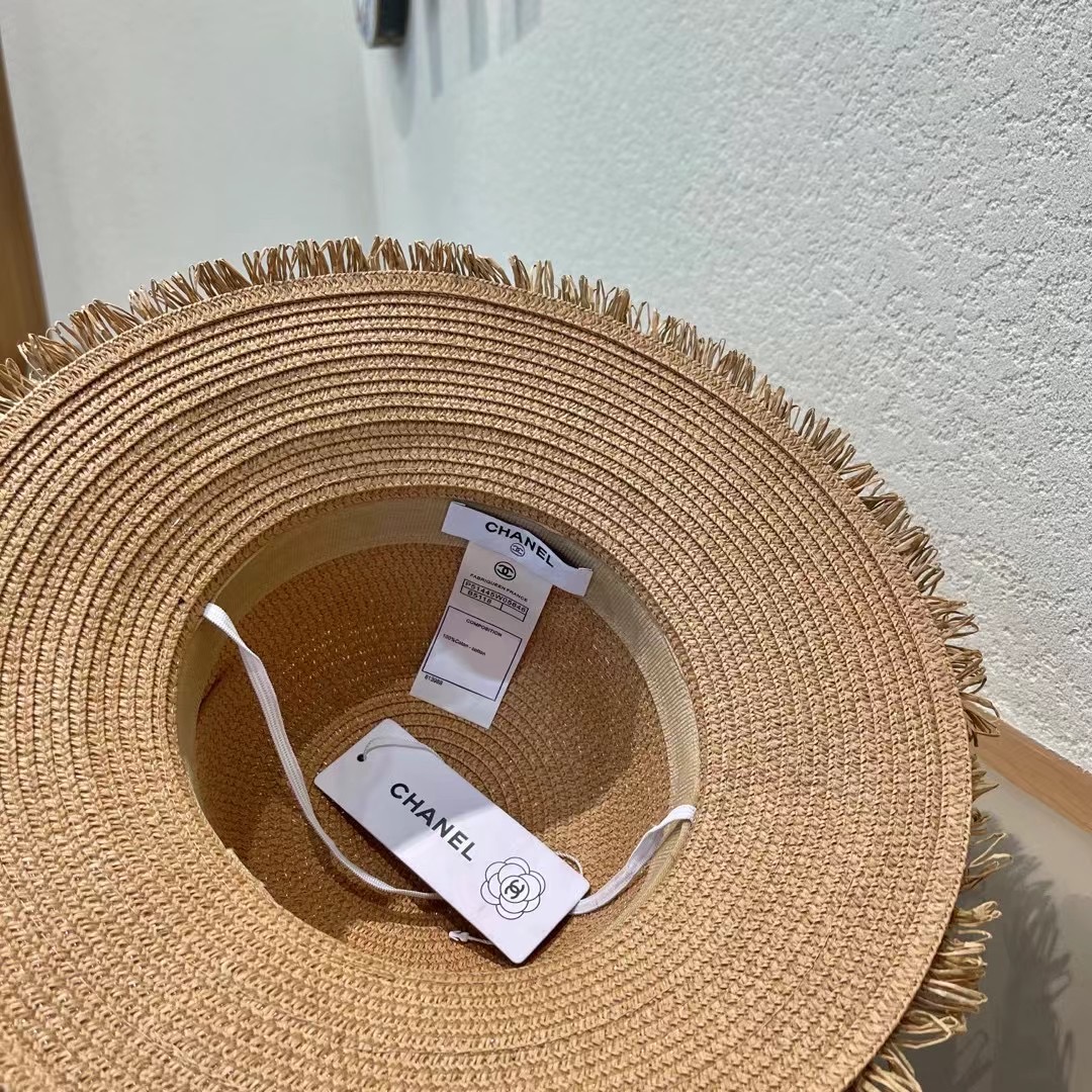 chanel香奈儿双层毛边拉菲草帽女2025新款春夏海边度假沙滩防晒遮阳帽编织平顶