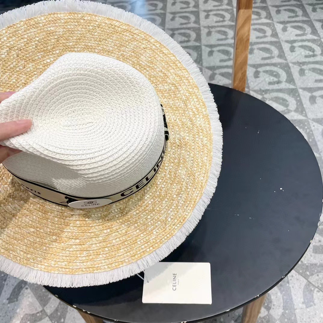 【CELINE赛琳】新款拼接草编遮阳草帽盆帽🤩沙滩风，简约大方，百搭单品～出街首选，新款帽型超美腻，新品