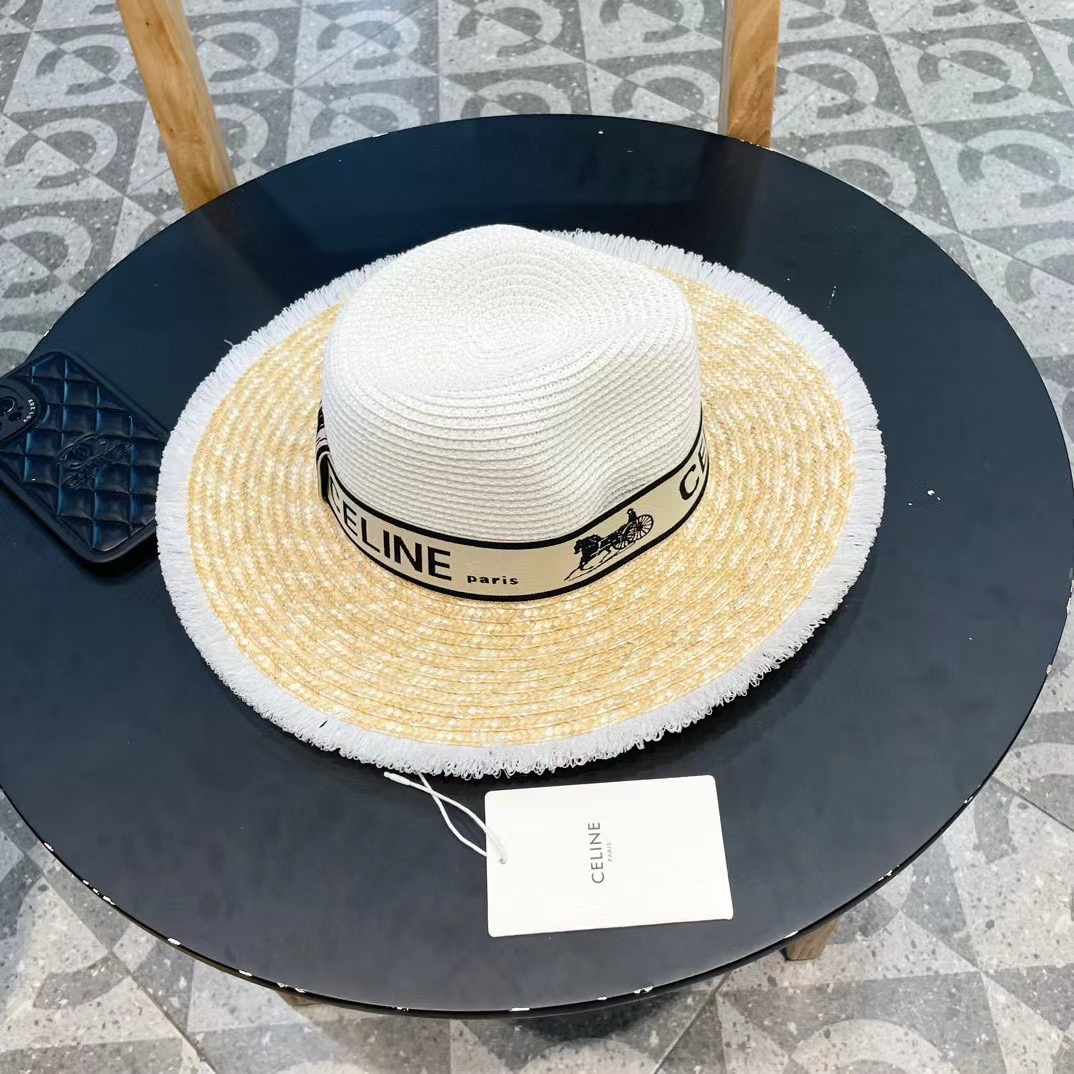 【CELINE赛琳】新款拼接草编遮阳草帽盆帽🤩沙滩风，简约大方，百搭单品～出街首选，新款帽型超美腻，新品