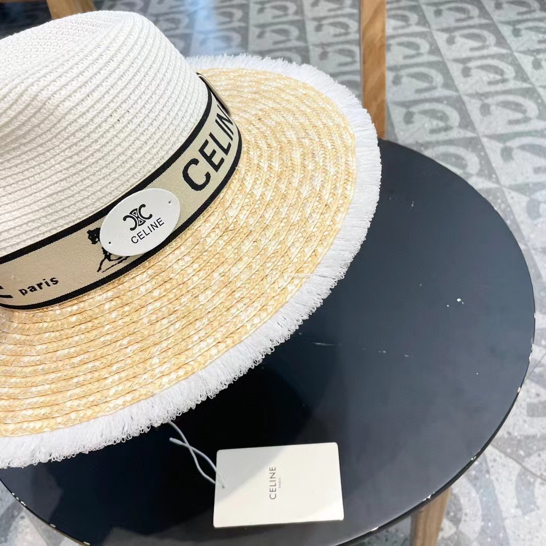 【CELINE赛琳】新款拼接草编遮阳草帽盆帽🤩沙滩风，简约大方，百搭单品～出街首选，新款帽型超美腻，新品